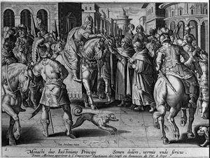 Los monjes entregaron gusanos de seda al emperador bizantino Justiniano I (483-565). El emperador así comenzará el comercio de la seda. Grabado de Giovanni Stradano (Jan Van Der Straet) (Johannes Stradanus) (1523-1605) siglo XVII de Jan van der Straet