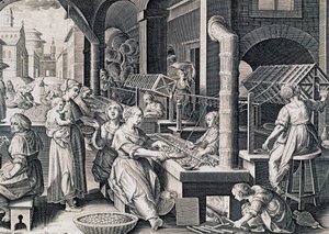 Vermis sericus, mujeres hilando seda y calentando gusanos de seda al fuego (grabado) de Jan van der Straet