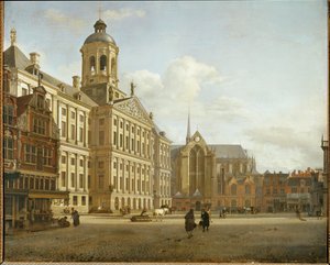 La calle Dam y el nuevo Ayuntamiento de Ámsterdam, Países Bajos ... de Jan van der (manner of) Heyden