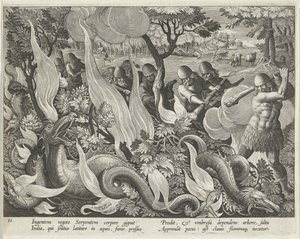 Cazando Serpientes en India Usando Garrotes y Antorchas para Iluminar la Maleza, lámina 44 de Venationes Ferarum, Avium, Piscium (De la Caza: Bestias Salvajes, Aves, Peces) pub. 1640