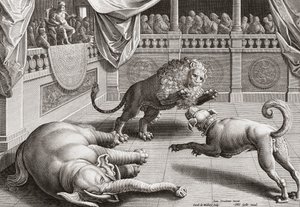 Alejandro Magno observando la lucha de animales, siglo XVI