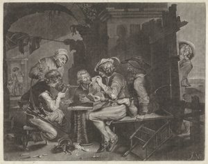 Jugadores de cartas y un hombre que orina