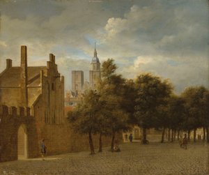 Un paisaje urbano con figuras paseando, una iglesia más allá de Jan van der Heyden