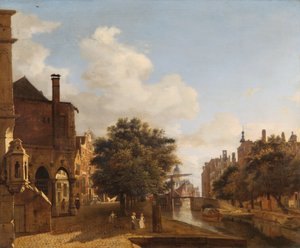 Fantasía arquitectónica, con el Ayuntamiento Viejo, Amsterdam c.1667-72 (óleo sobre tabla de roble) de Jan van der Heyden