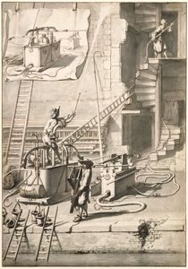 Comparación de los antiguos camiones de bomberos con el camión de bomberos serpiente de Van der Heyden de Jan van der Heyden