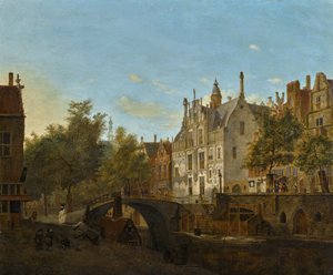 Vista del Oude Delft con la Gemeenlandshuis de Jan van der Heyden