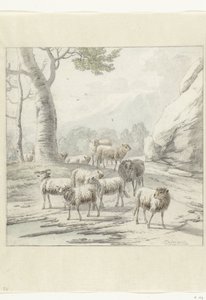 paisaje con un rebaño de ovejas cerca de un árbol de Jan van der Meer (II)