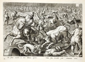 Una corrida de toros en un recinto, ilustración de 