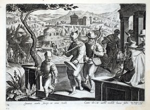 Cazadores de pájaros saliendo a atrapar mirlos, ilustración de 