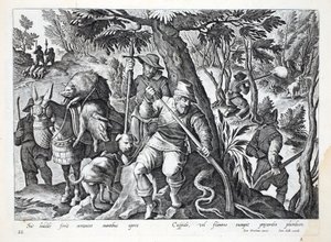 Los cazadores usan lanzas o armas cargadas con plomo para cazar jabalíes de montaña, ilustración de 
