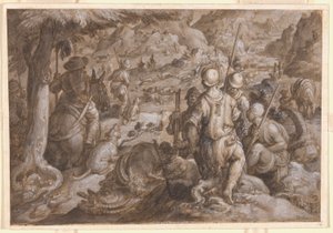 Hombres cazando íbices con sabuesos