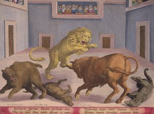 Nobles observan el combate de bestias salvajes en un circo cubierto, lámina 12 de 