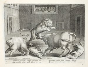 Nobles observan el combate de bestias salvajes en un circo interior, ilustración de 