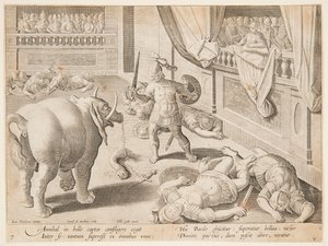 Un Soldado Romano Luchando contra uno de los Elefantes de Aníbal, pl. 7 en la serie Venationes Ferarum, Avium, Piscium