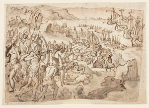 Conquista de las Islas Filipinas, diseño preliminar para pintura grisalla realizada por el hijo de Stradanus, Scipione, para las exequias en memoria de Felipe II de España, celebradas en San Lorenzo en Florencia el 12 de noviembre de 1598 de Jan van der Straet, called Stradanus