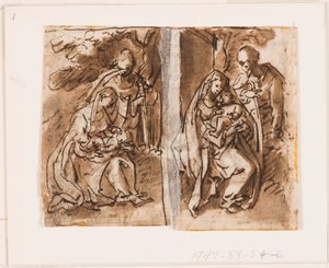 Media página de un cuaderno de bocetos; Virgen y Niño y una tercera figura de Jan van der Straet, called Stradanus