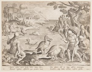 Indios pescando con la ayuda de pelícanos, lámina 23 de la serie Venationes Ferarum, Avium, Piscium de Jan van der Straet, called Stradanus