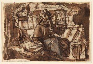Página de un cuaderno de bocetos; Un monje en su estudio de Jan van der Straet, called Stradanus
