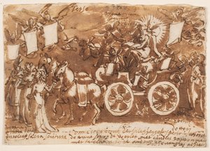 Página de un cuaderno de bocetos; carro y tres caballos de Jan van der Straet, called Stradanus