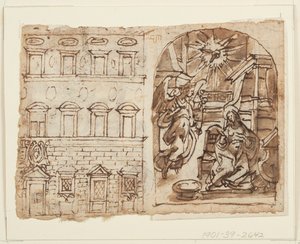 Página de un cuaderno de bocetos; Elevación del Palacio, Anunciación, Última Cena de Jan van der Straet, called Stradanus