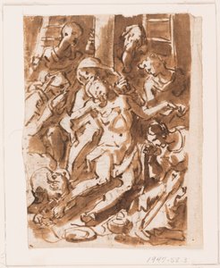 Página de un cuaderno de bocetos; María sosteniendo el cuerpo de Cristo al pie de la cruz