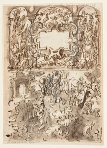 Página de un cuaderno de bocetos; Página de título para la serie de grabados sobre caza; Accidente de un cazador de Jan van der Straet, called Stradanus