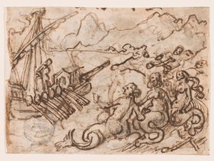 Página de un cuaderno de bocetos: Ulises pasa las sirenas (recto); Ulises en el inframundo (verso) de Jan van der Straet, called Stradanus