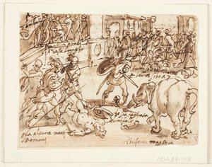 Recto: Un soldado romano luchando contra uno de los elefantes de Aníbal; Verso: inscripción relacionada con la Historia Natural de Plinio el Viejo, Libro 8, cap.7 de Jan van der Straet, called Stradanus