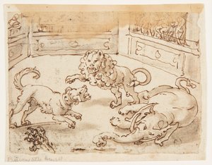 Recto: Alejandro Magno observando una pelea entre su perro, un elefante y un león; Verso: inscripción relacionada con la Historia Natural de Plinio el Viejo, Libro 8, cap. 61 de Jan van der Straet, called Stradanus