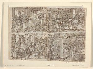Recto: Cuatro diseños preliminares para la serie de grabados "Vermis Sericus" (Fabricación de seda). Arriba a la izquierda: enrollando seda. Abajo a la izquierda: preparando hojas de morera. Arriba a la derecha: arreglando las hojas en estantes. Abajo a la de Jan van der Straet, called Stradanus