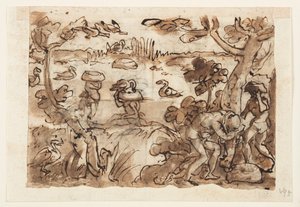 Recto: Caza de patos usando calabazas en las Indias Occidentales; Verso, arriba: Caza de cocodrilos en el Nilo; Verso, abajo: Caza de tigres usando trampas y espejos de Jan van der Straet, called Stradanus