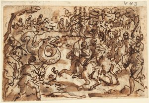 Recto: El cónsul romano Atílio Régulo luchando contra una serpiente africana gigante, de la Historia Natural de Plinio, Libro 8, cap. 14; Verso: Ptolomeo atrapando una serpiente gigante con una red, de Diodoro Sículo, Bibliotheca Historica III, 37