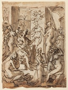 Recto: Zeuxis pintando a Helena; Verso: Estudios de figuras para una ilustración del octavo círculo, décima bolgia del Infierno de Dante (Falsificadores: Maestro Adamo, Sinón de Troya, la esposa de Potifar) de Jan van der Straet, called Stradanus