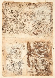 Recto, arriba: Caza de grullas usando conos; Abajo, izquierda: Jacob, medio cuerpo; león con una venda sobre su cabeza; mapa de fortificaciones; Abajo derecha: Caza de zorros. Verso, arriba izquierda: Caza de estorninos; abajo izquierda: Caza de leones con
