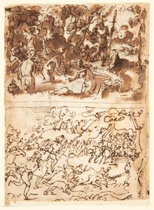 Recto, arriba: Diana y Acteón; Recto, abajo: Caza del jabalí; Verso, arriba: estudios de dos cabezas masculinas; Verso, abajo: Encuentro de Ana y Joaquín en la Puerta Dorada, La circuncisión del niño Jesús
