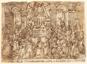 Página de cuaderno de bocetos con comunión en la iglesia y en casa de Jan van der Straet, called Stradanus