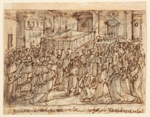Página de cuaderno de bocetos con procesión con el anfitrión y misa pontifical de Jan van der Straet, called Stradanus