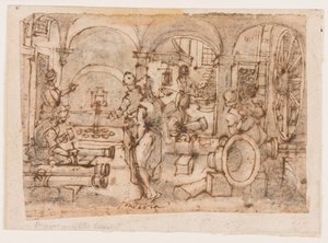 La invención de la pólvora, diseño para "Pulvis Pyrius," pl. 3 en la serie de grabados Nova Reperta (Nuevos inventos de los tiempos modernos) de Jan van der Straet, called Stradanus