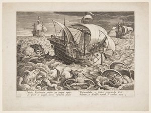 Tres barcos rodeados de monstruos