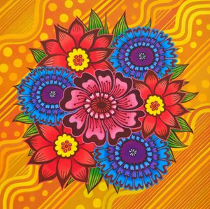 Flores sobre amarillo,2022,(óleo sobre lienzo) de Jane Tattersfield