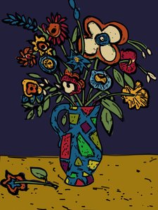 Flowers in a loudware Jug, 2012 (recoloreado en photoshop a partir del corte original en linóleo) de Jane Willingale