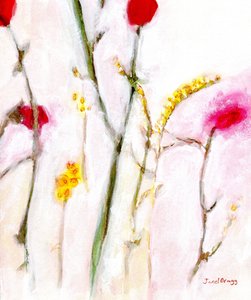 Floral en naranja y lila, c.2019 (acuarela y caseína sobre papel) de Janel Bragg