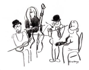 Músicos en el Festival Victoriano, c.2021 (carboncillo sobre papel) de Janel Bragg