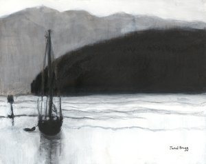 Sailboat in Anacortes Harbor, c.2021 (carboncillo, tinta y gesso sobre papel) de Janel Bragg
