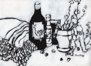 Naturaleza muerta con aceite de oliva y piñas de pino, c.2017 (carboncillo y gesso sobre papel) de Janel Bragg
