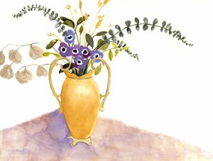 Naturaleza muerta con flores moradas y jarrón inglés, c.2024 (acuarela sobre papel) de Janel Bragg