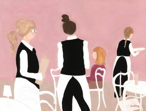 Camareras del Café Sabarsky en rosa y beige, c. 2024 (acuarela sobre papel) de Janel Bragg