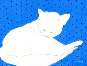 Gato blanco sobre azul con lunares, c.2024 (acuarela y caseína sobre papel) de Janel Bragg