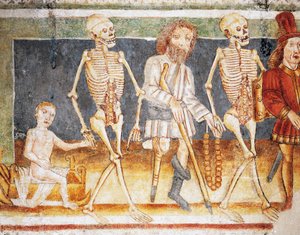 Iglesia fortificada de Hrastovlje, Iglesia de la Trinidad, La Muerte acompañando al niño y al pobre, Danza de la Muerte (1490), detalle de frescos de Janez Iz Kastva (1490), Eslovenia de Janez Kastav