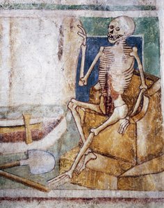 Iglesia fortificada de Hrastovlje, Iglesia de la Trinidad, La Muerte abriendo la losa de la tumba, Danza de la Muerte (1490), detalle de frescos de Janez Iz Kastva, Eslovenia